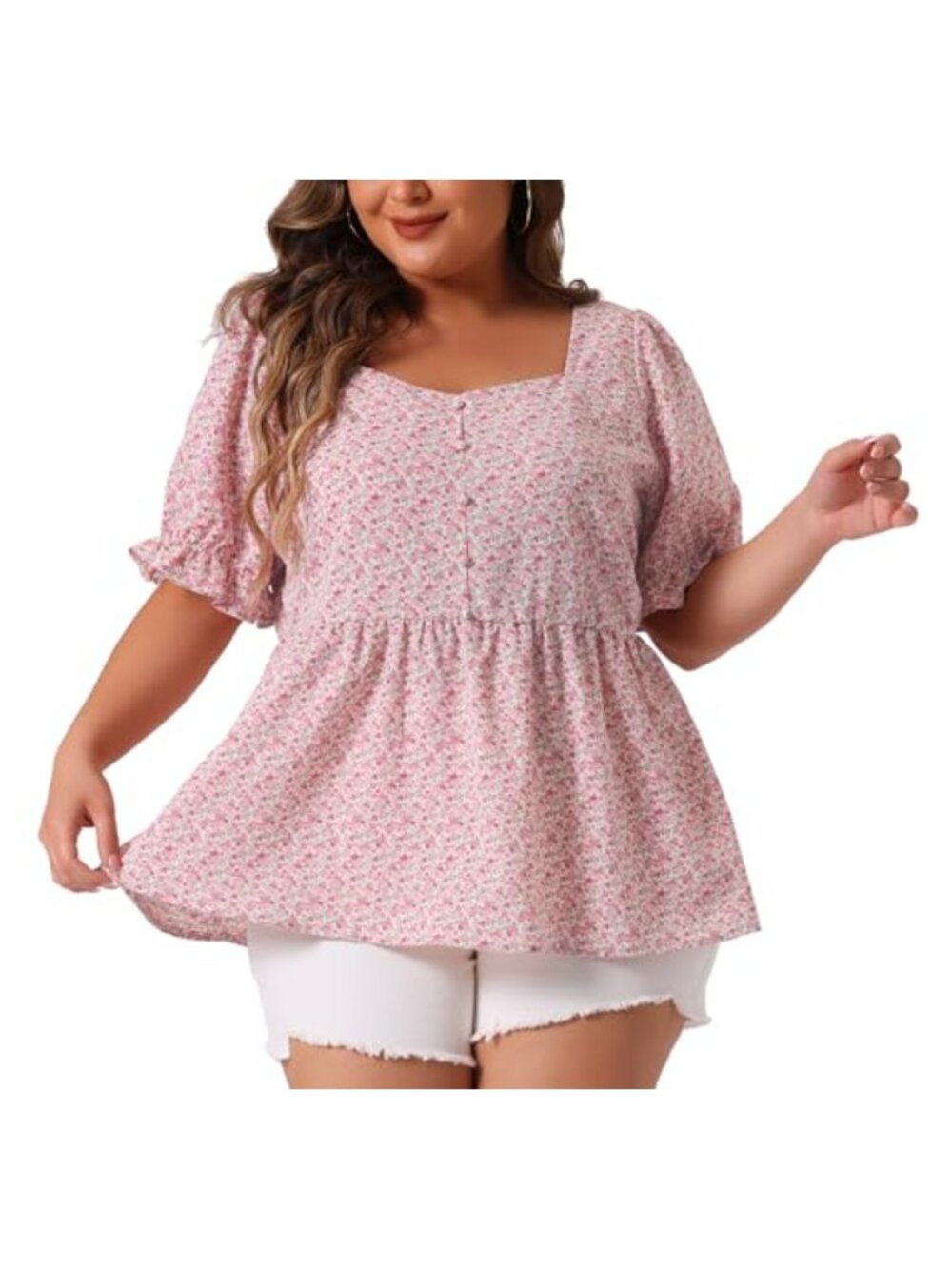 Plus Size Floral Sweetheart Neck Peplum Blouse